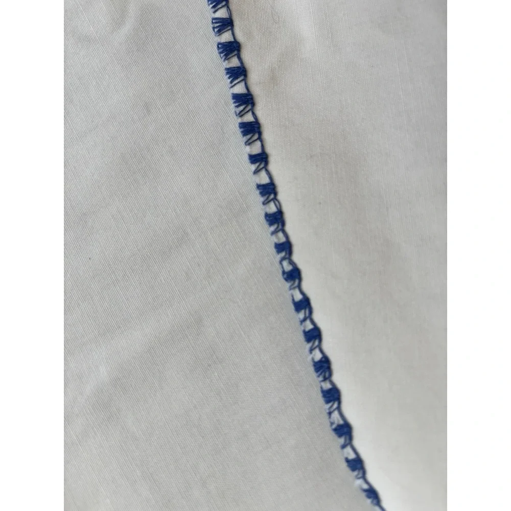 Cotton‎ Oval Tablecloth With Navy Embroidered Edge 59x80 Off-White Vintage